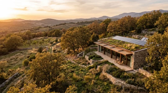 Vue aérienne d'une maison bioclimatique moderne orientée plein sud avec de grandes baies vitrées et un toit végétalisé, intégrée harmonieusement dans son environnement naturel