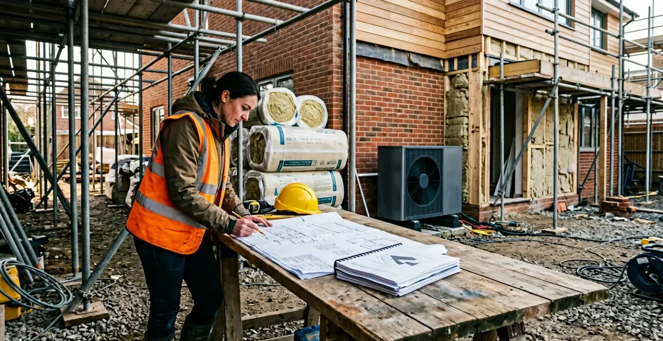 Artisan vérifiant des documents RGE sur un chantier de rénovation avec matériel professionnel