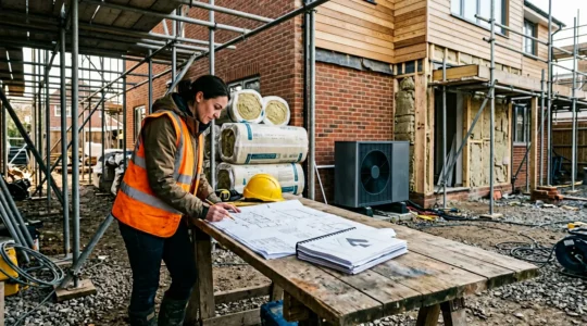 Artisan vérifiant des documents RGE sur un chantier de rénovation avec matériel professionnel