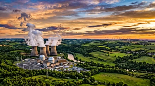 Vue aérienne d'une centrale nucléaire européenne avec tours de refroidissement fumantes au coucher du soleil, intégrée dans un paysage verdoyant