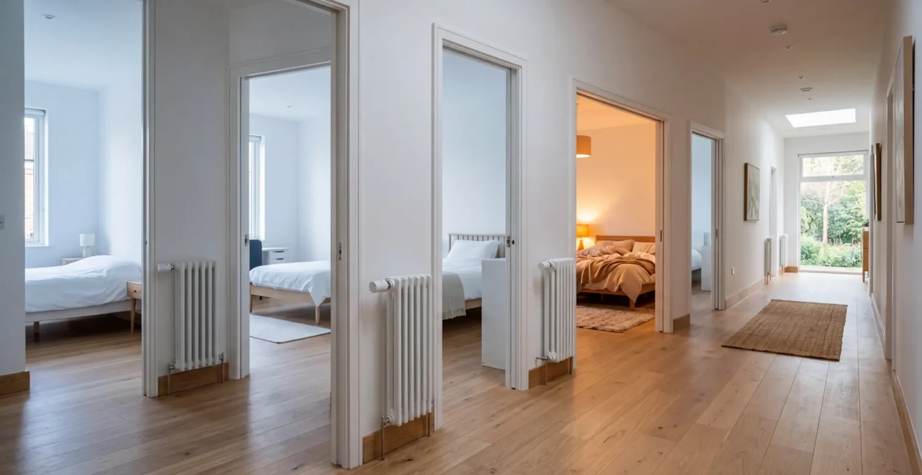 Vue panoramique d'un couloir moderne avec plusieurs portes de chambres ouvertes montrant des radiateurs et des têtes thermostatiques connectées