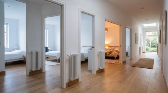 Vue panoramique d'un couloir moderne avec plusieurs portes de chambres ouvertes montrant des radiateurs et des têtes thermostatiques connectées