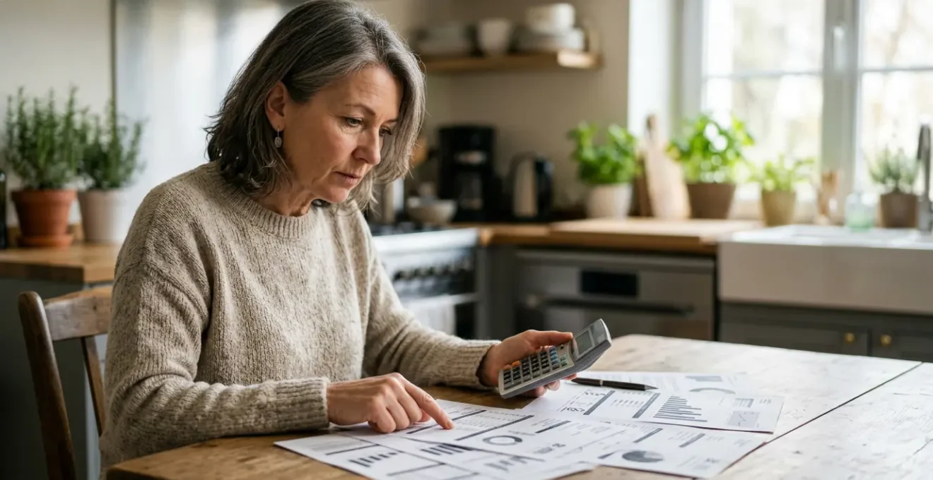 Personne analysant des factures d'énergie avec calculatrice dans un intérieur lumineux