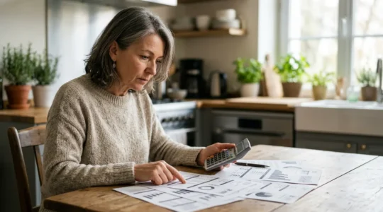 Personne analysant des factures d'énergie avec calculatrice dans un intérieur lumineux