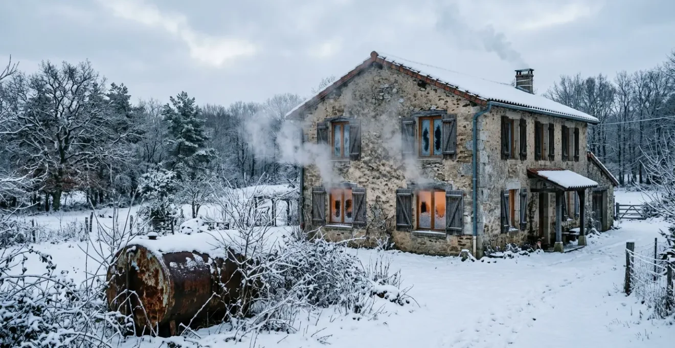 Vue d'une maison traditionnelle française avec des signes évidents de déperdition énergétique et une ancienne cuve à fioul rouillée visible