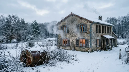 Vue d'une maison traditionnelle française avec des signes évidents de déperdition énergétique et une ancienne cuve à fioul rouillée visible