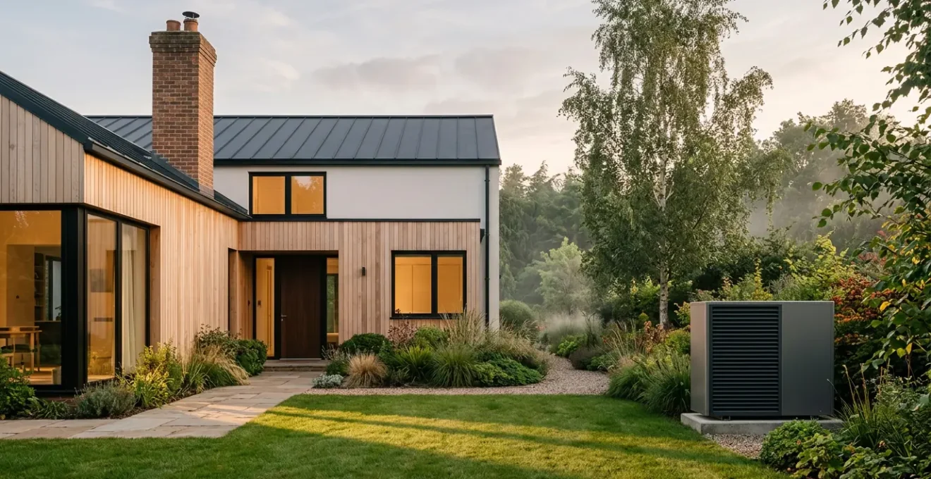 Maison moderne avec système de chauffage hybride et pompe à chaleur visible dans un jardin verdoyant