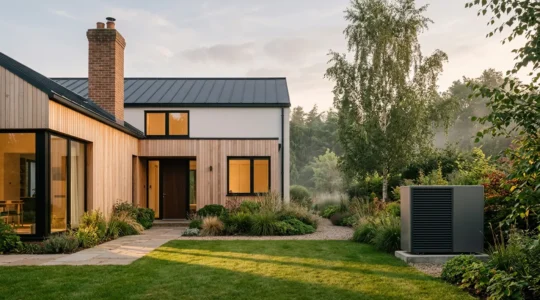 Maison moderne avec système de chauffage hybride et pompe à chaleur visible dans un jardin verdoyant