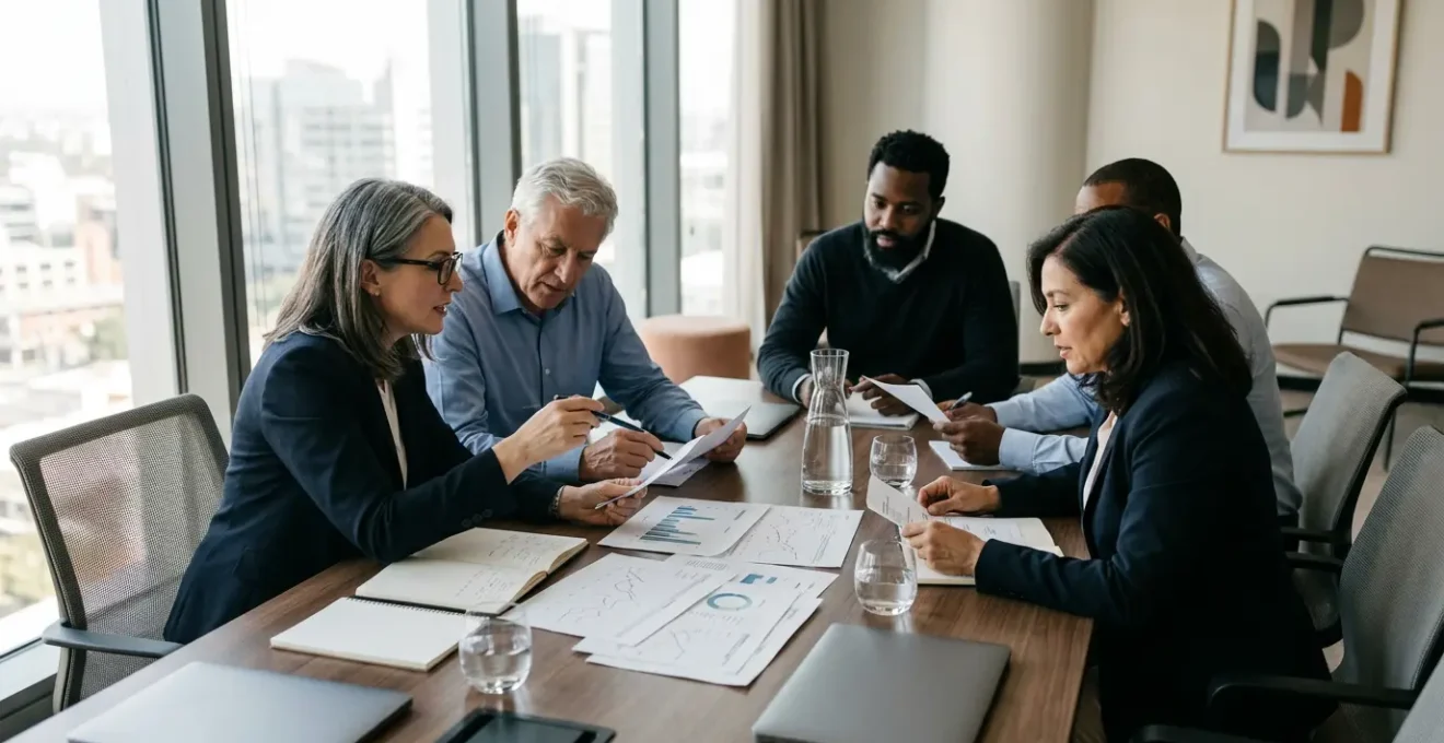 Membres du conseil syndical analysant des documents de comparaison tarifaire énergétique autour d'une table de réunion