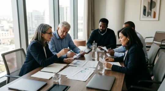 Membres du conseil syndical analysant des documents de comparaison tarifaire énergétique autour d'une table de réunion