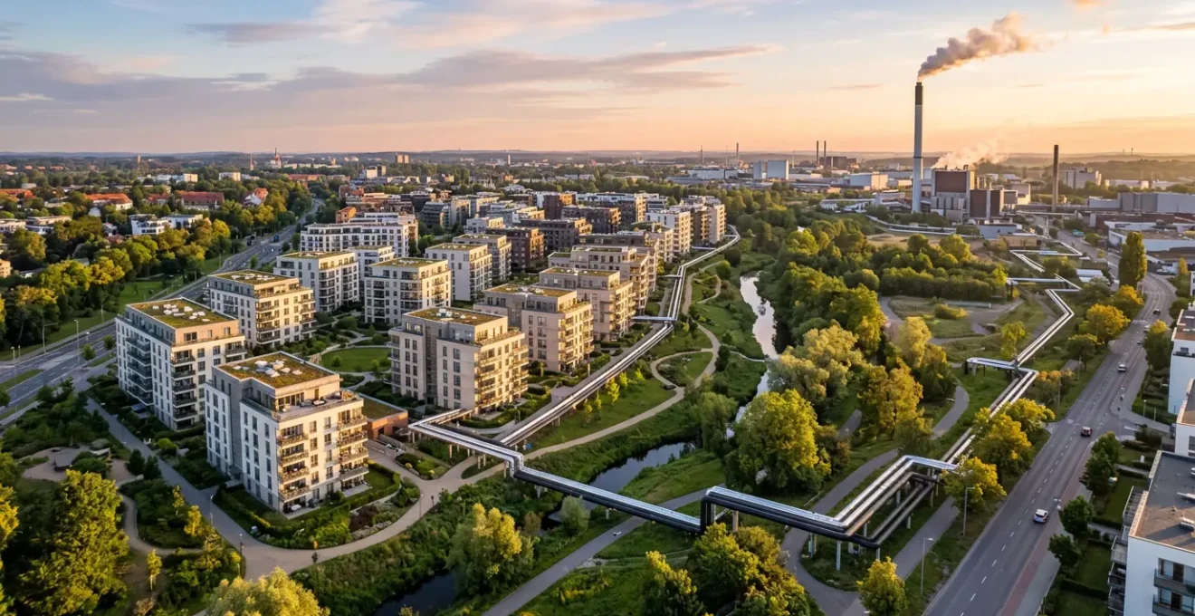 Vue aérienne d'une copropriété moderne raccordée à un réseau de chaleur biomasse avec cheminée de chaufferie urbaine en arrière-plan