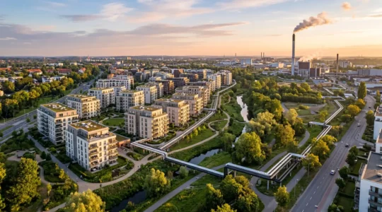 Vue aérienne d'une copropriété moderne raccordée à un réseau de chaleur biomasse avec cheminée de chaufferie urbaine en arrière-plan