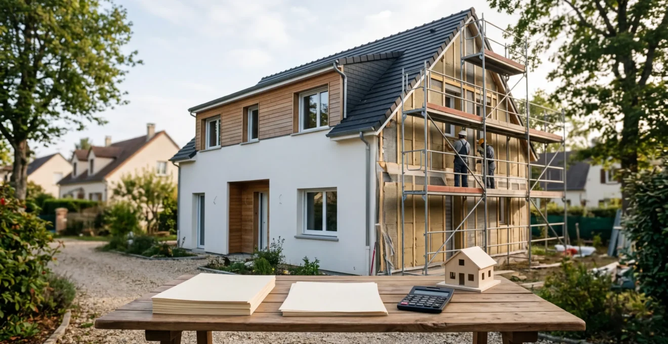Vue d'ensemble d'une maison en rénovation avec documentation administrative et calculs financiers