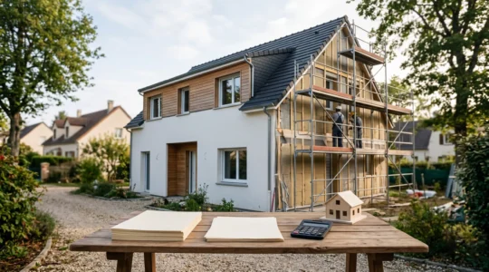 Vue d'ensemble d'une maison en rénovation avec documentation administrative et calculs financiers