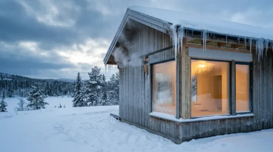 Vue thermographique d'une maison révélant les ponts thermiques invisibles et les zones de moisissures en hiver