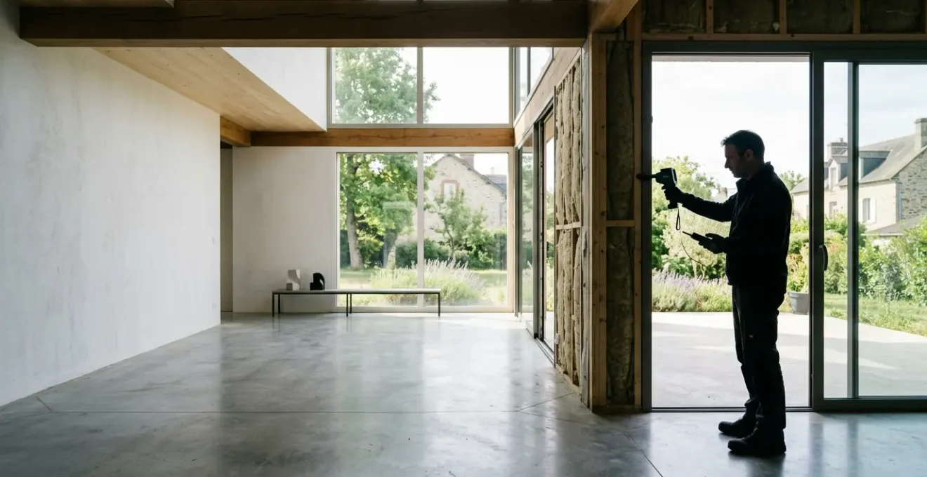 Vue intérieure d'une maison moderne avec diagnostiqueur prenant des mesures, éclairage naturel traversant les grandes baies vitrées