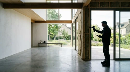 Vue intérieure d'une maison moderne avec diagnostiqueur prenant des mesures, éclairage naturel traversant les grandes baies vitrées