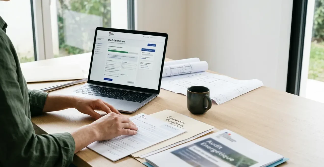 Préparation minutieuse d'un dossier MaPrimeRénov' avec documents administratifs et ordinateur