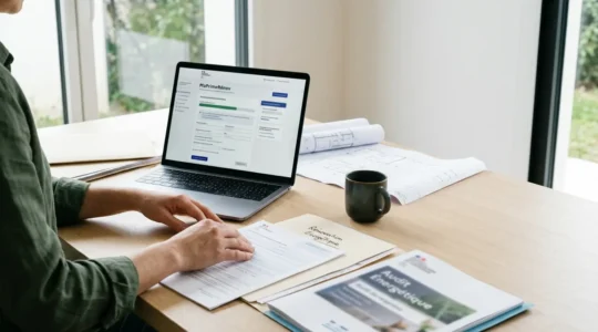 Préparation minutieuse d'un dossier MaPrimeRénov' avec documents administratifs et ordinateur