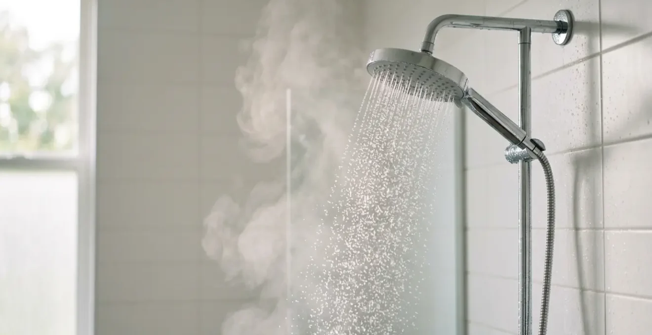 Douche moderne avec système d'économie d'eau et vapeur naturelle dans une salle de bain éclairée