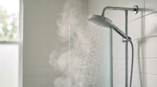 Douche moderne avec système d'économie d'eau et vapeur naturelle dans une salle de bain éclairée