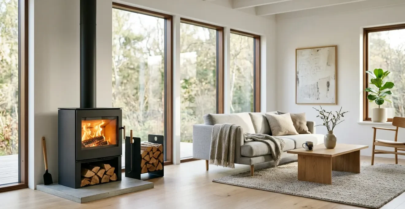 Salon moderne avec poêle à bois haute performance diffusant une chaleur douce dans un intérieur écologique