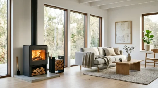 Salon moderne avec poêle à bois haute performance diffusant une chaleur douce dans un intérieur écologique