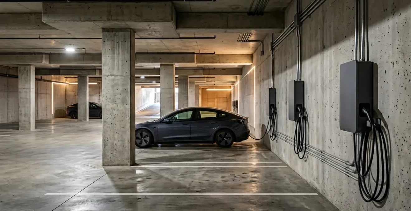 Vue d'ensemble d'un parking souterrain de copropriété moderne avec installation de bornes de recharge