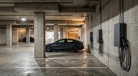 Vue d'ensemble d'un parking souterrain de copropriété moderne avec installation de bornes de recharge