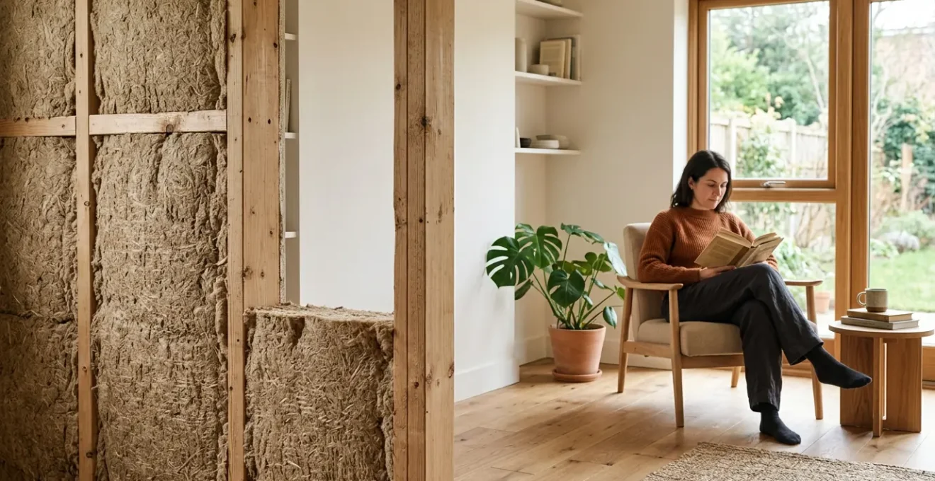 Intérieur paisible d'une maison avec isolation phonique naturelle visible dans les murs