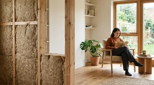 Intérieur paisible d'une maison avec isolation phonique naturelle visible dans les murs