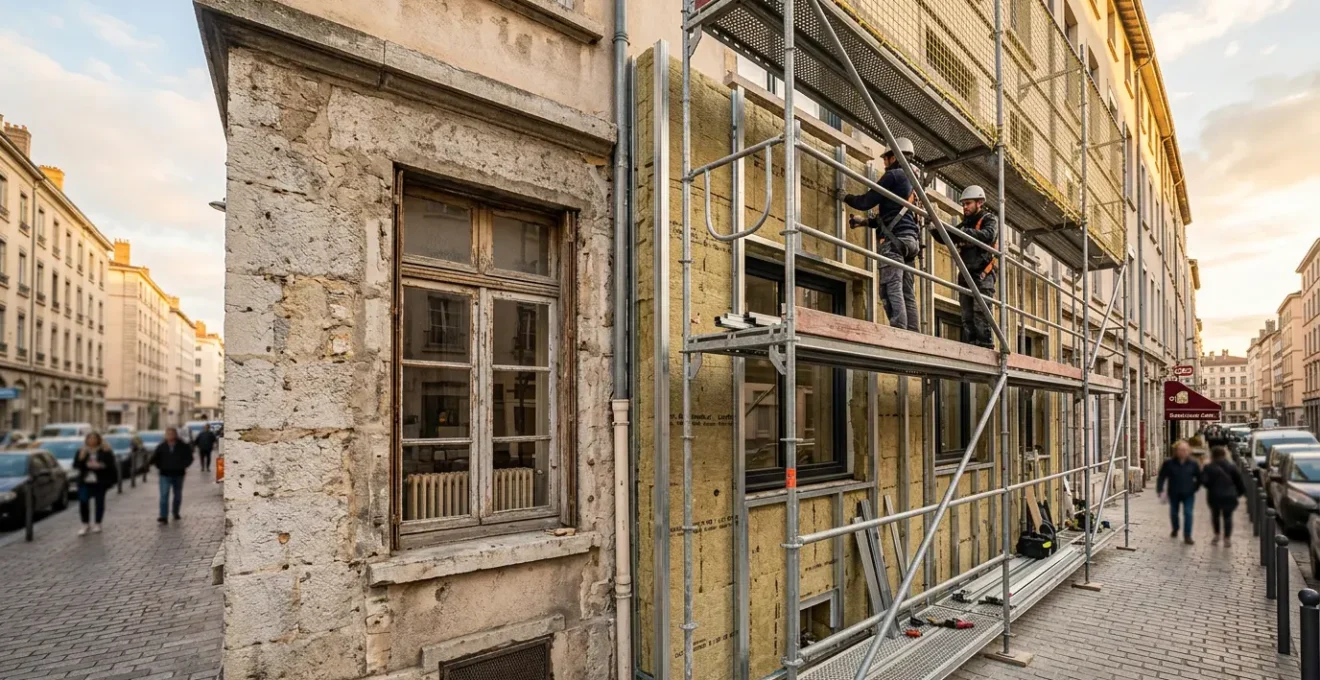 Vue d'un bien immobilier en rénovation énergétique avec isolation des murs et nouvelle installation de chauffage moderne