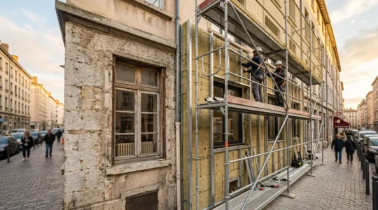 Vue d'un bien immobilier en rénovation énergétique avec isolation des murs et nouvelle installation de chauffage moderne