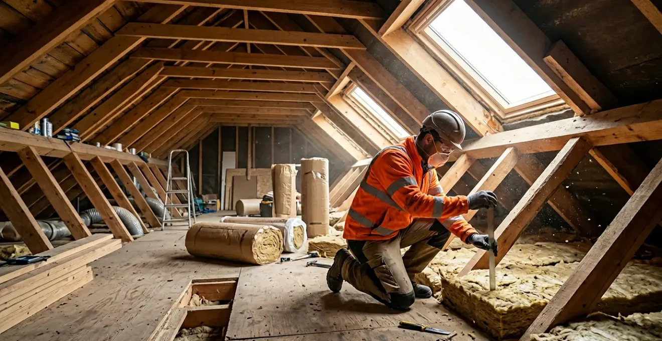 Vue intérieure de combles en cours d'isolation avec un artisan professionnel vérifiant l'épaisseur de l'isolant