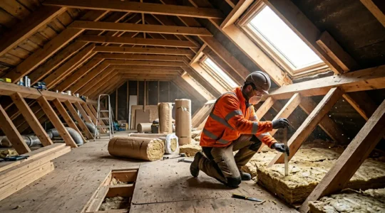 Vue intérieure de combles en cours d'isolation avec un artisan professionnel vérifiant l'épaisseur de l'isolant