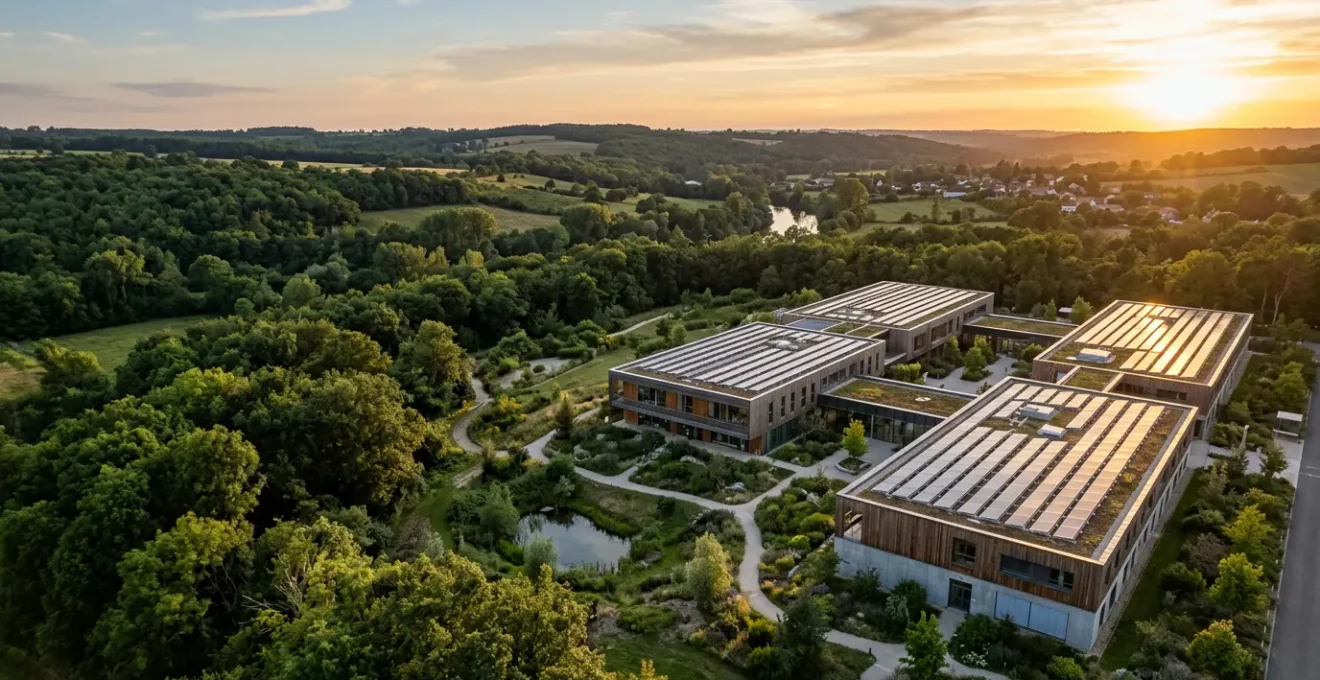 Vue aérienne d'un bâtiment moderne à énergie positive équipé de panneaux solaires sur son toit et entouré de végétation
