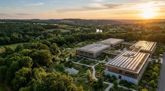 Vue aérienne d'un bâtiment moderne à énergie positive équipé de panneaux solaires sur son toit et entouré de végétation