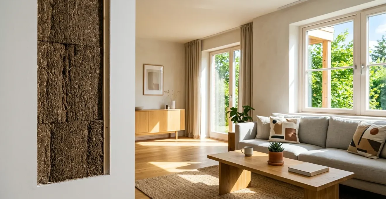 Vue intérieure d'une maison avec isolation en laine de bois montrant un salon frais et lumineux en plein été