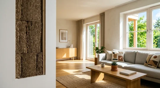 Vue intérieure d'une maison avec isolation en laine de bois montrant un salon frais et lumineux en plein été