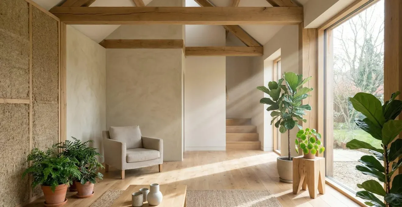Intérieur lumineux avec murs en matériaux biosourcés et plantes vertes créant une atmosphère saine
