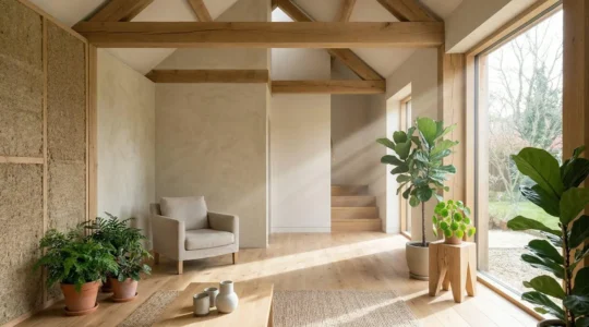 Intérieur lumineux avec murs en matériaux biosourcés et plantes vertes créant une atmosphère saine