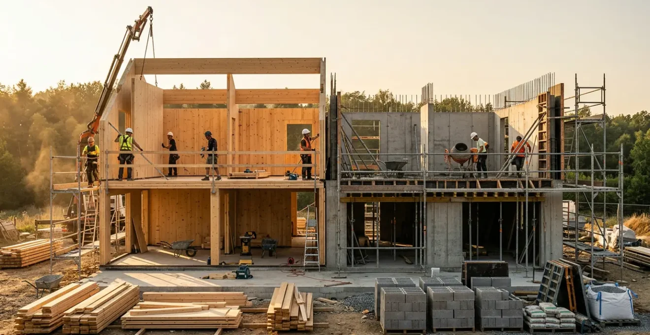 Vue comparative d'une maison en cours de construction mi-bois mi-béton bas carbone avec ouvriers et matériaux