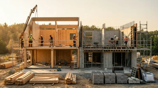Vue comparative d'une maison en cours de construction mi-bois mi-béton bas carbone avec ouvriers et matériaux