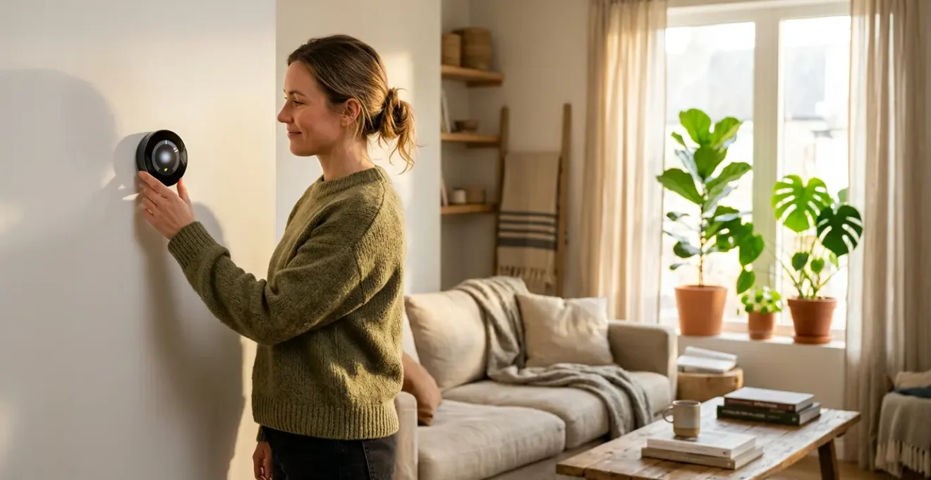 Intérieur cosy d'une maison avec personne ajustant un thermostat et lumière naturelle