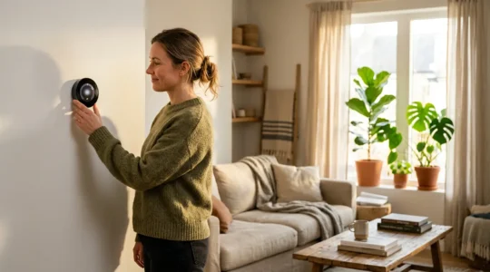 Intérieur cosy d'une maison avec personne ajustant un thermostat et lumière naturelle