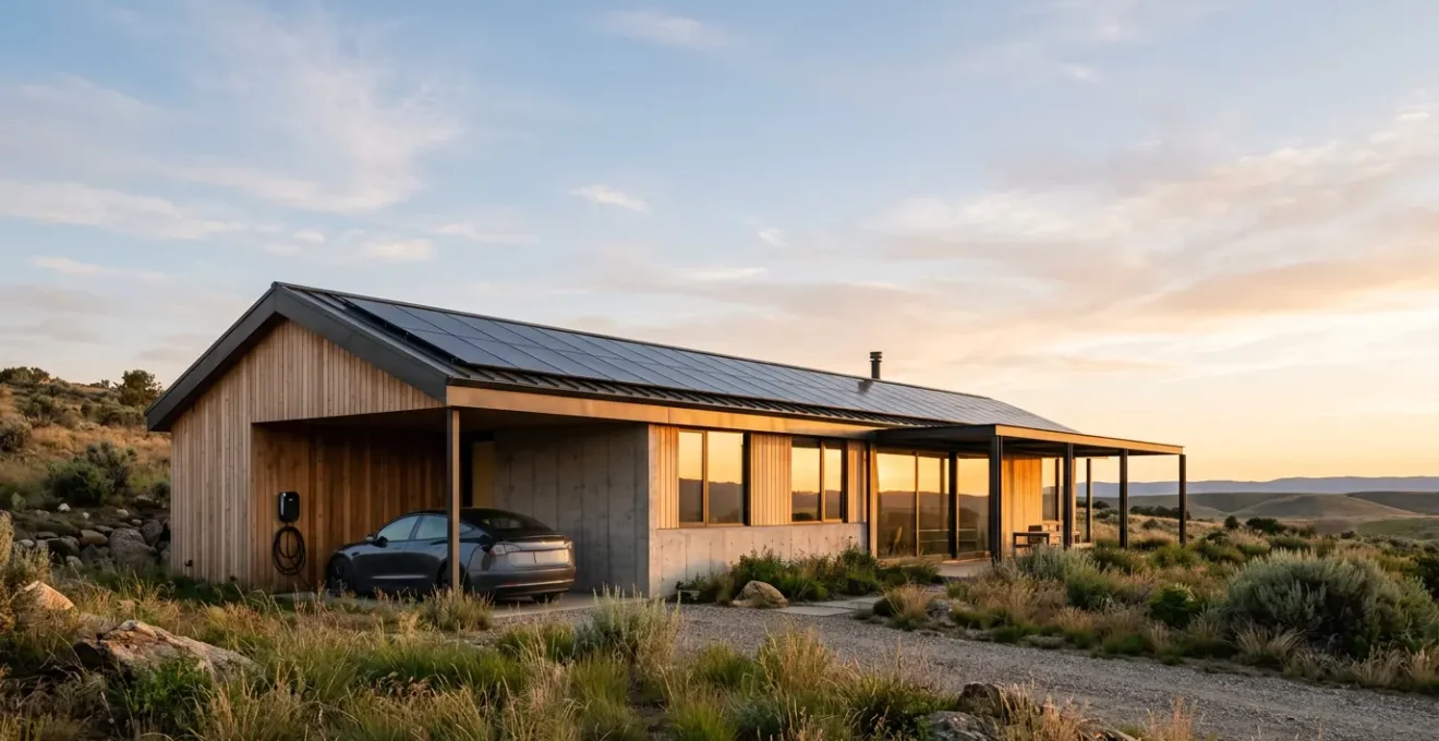 Maison moderne avec installation photovoltaïque sur toiture et borne de recharge véhicule électrique