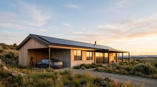 Maison moderne avec installation photovoltaïque sur toiture et borne de recharge véhicule électrique