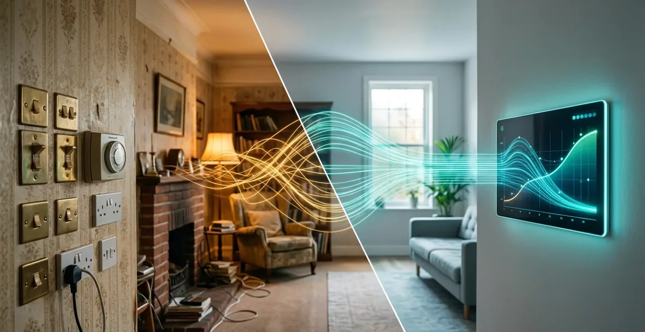 Intérieur moderne avec tableau de bord domotique montrant les économies d'énergie réalisées