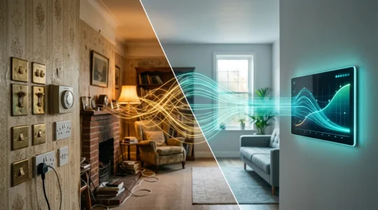 Intérieur moderne avec tableau de bord domotique montrant les économies d'énergie réalisées