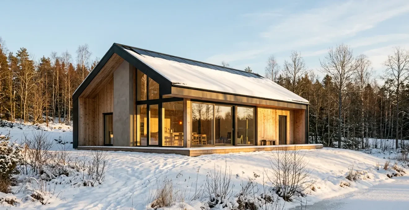 Maison passive moderne avec grandes baies vitrées orientées sud sous un soleil hivernal doré